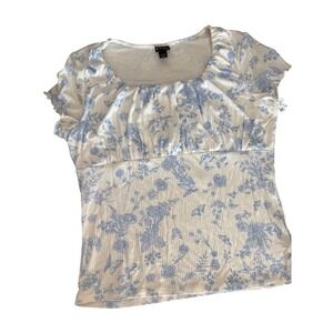 Art Class Blue Floral Ribbed Top short sleeve Size small Cottagecore‎ Y2K